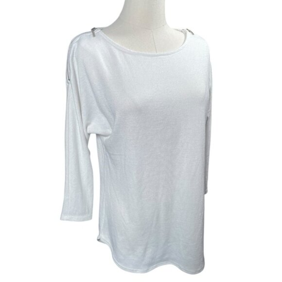 Dynamite Small Top White Shirt Blouse Zipper Spring Half Sleeve Scoop Minimalist - Picture 4 of 8